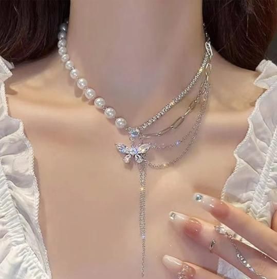ARYAMI™ Elegant Pearl & Butterfly Layered Necklace for Women – Premium Silver Finish