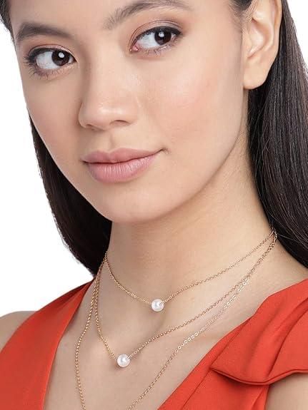 ARYAMI Elegant 3-Layer Pearl Pendant Necklace for Women – Lightweight Rose Gold Finish