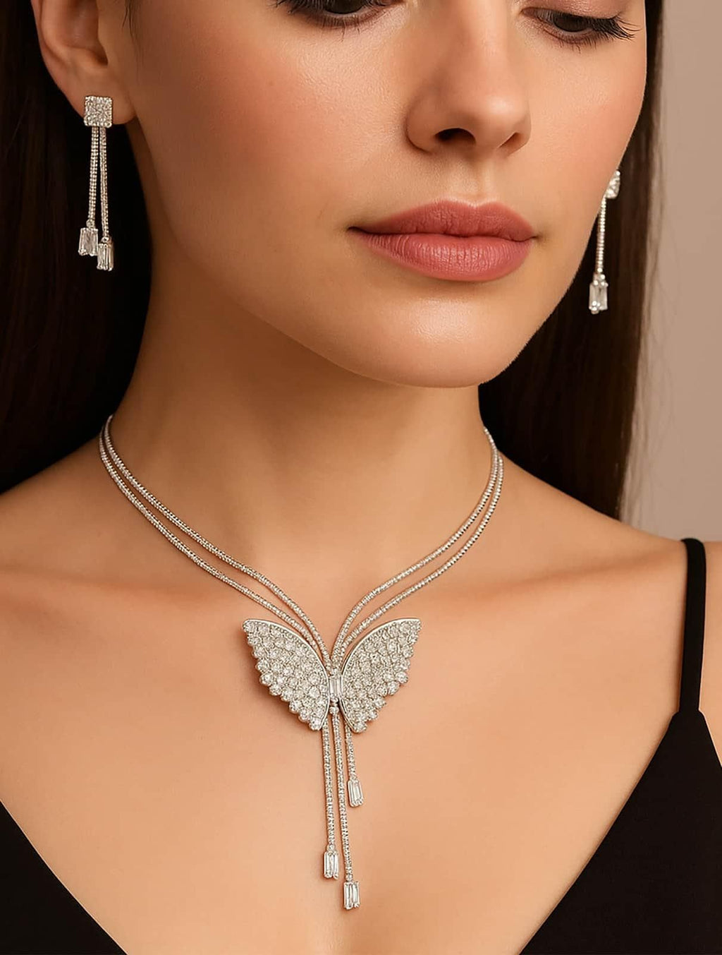 ARYAMI™ Elegant Butterfly Crystal Necklace Set for Women – Premium Silver Finish