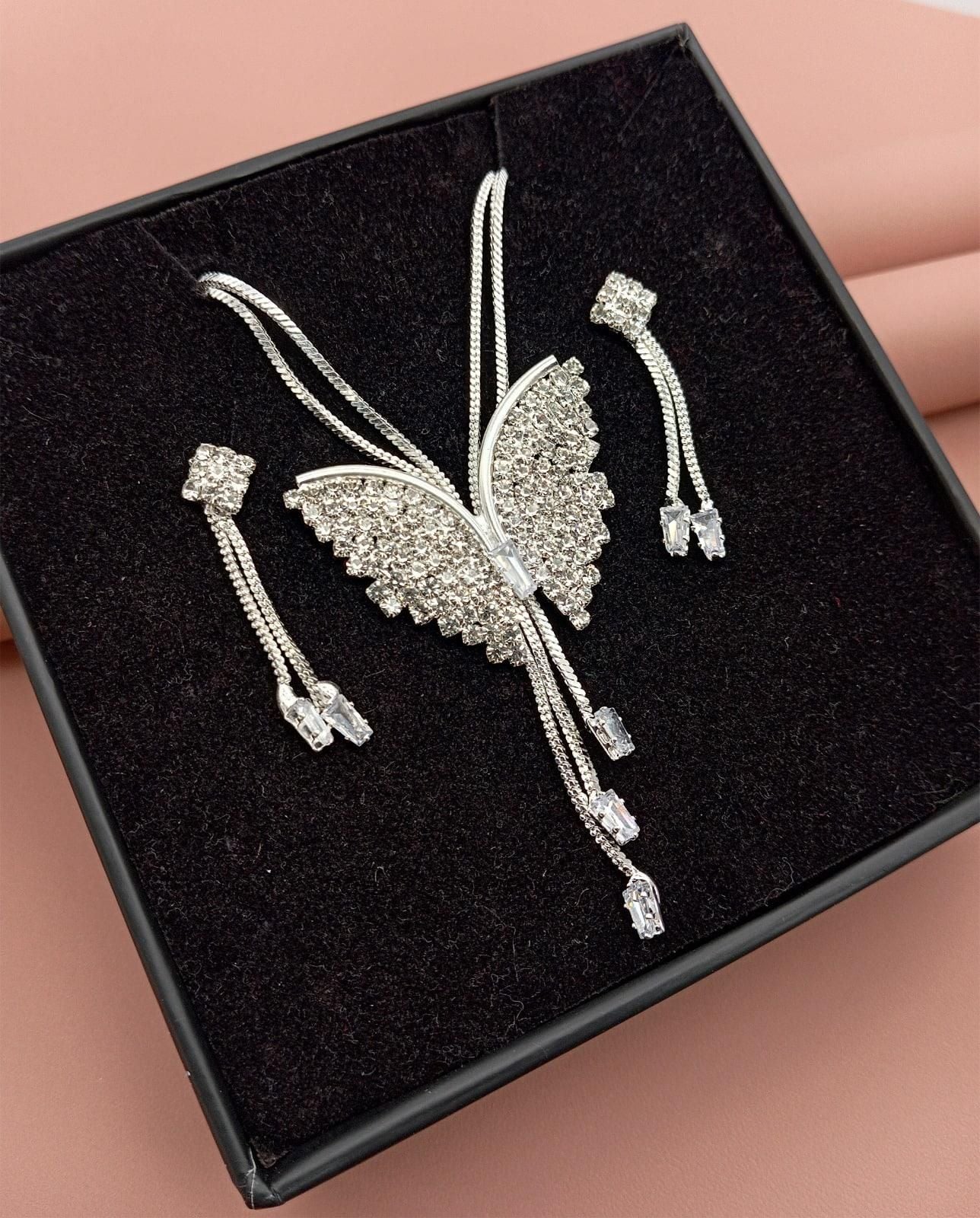 ARYAMI™ Elegant Butterfly Crystal Necklace Set for Women – Premium Silver Finish