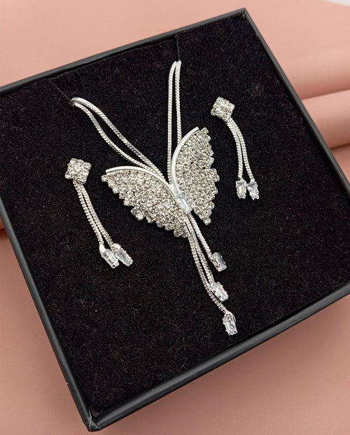 ARYAMI™ Elegant Butterfly Crystal Necklace Set for Women – Premium Silver Finish