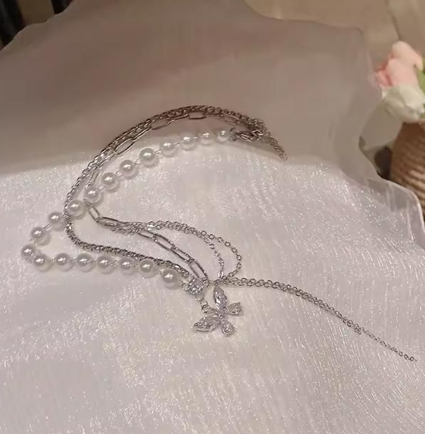 ARYAMI™ Elegant Pearl & Butterfly Layered Necklace for Women – Premium Silver Finish