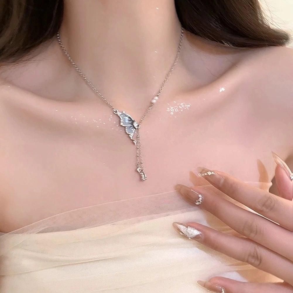 ARYAMI™ Elegant Butterfly Drop Necklace for Women – Premium Silver Finish