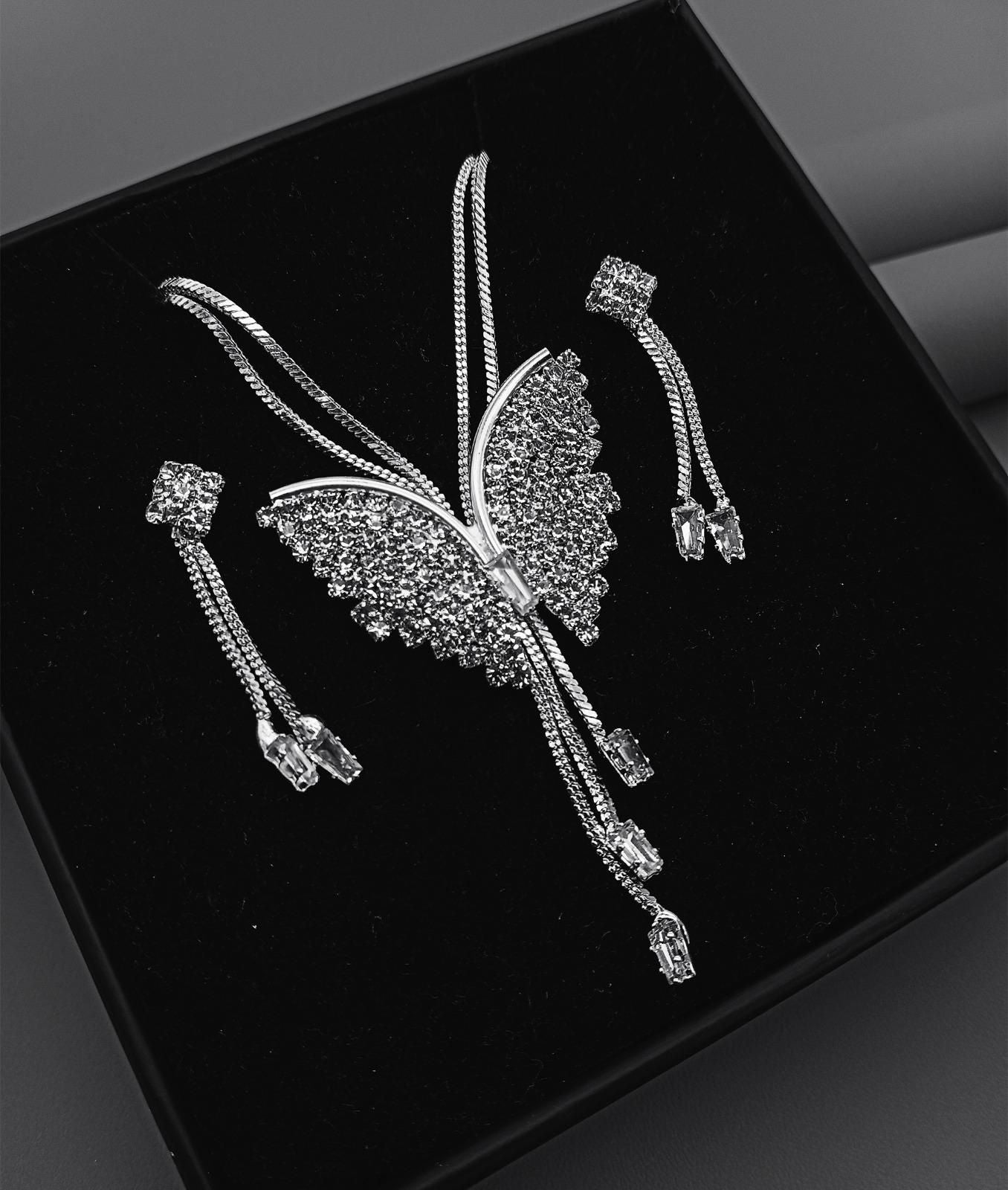 ARYAMI™ Elegant Butterfly Crystal Necklace Set for Women – Premium Silver Finish
