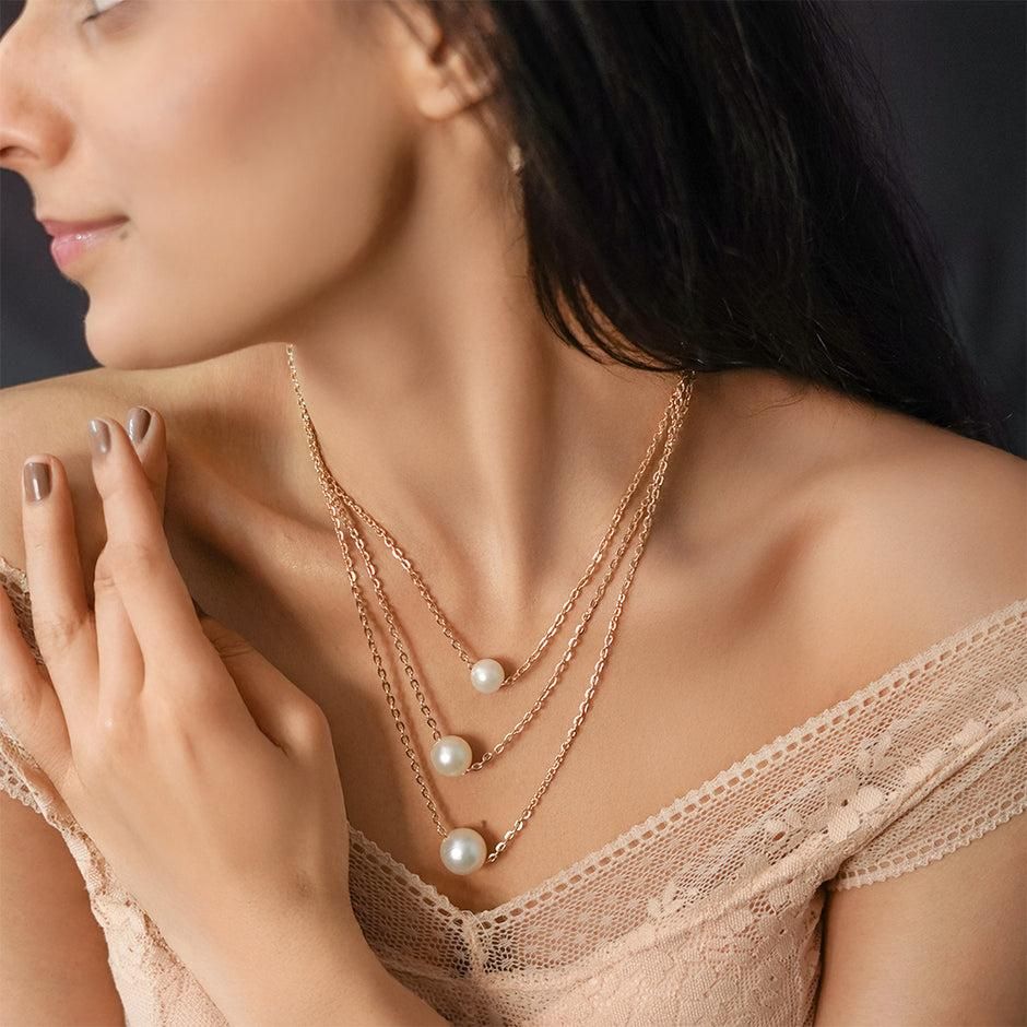 ARYAMI Elegant 3-Layer Pearl Pendant Necklace for Women – Lightweight Rose Gold Finish