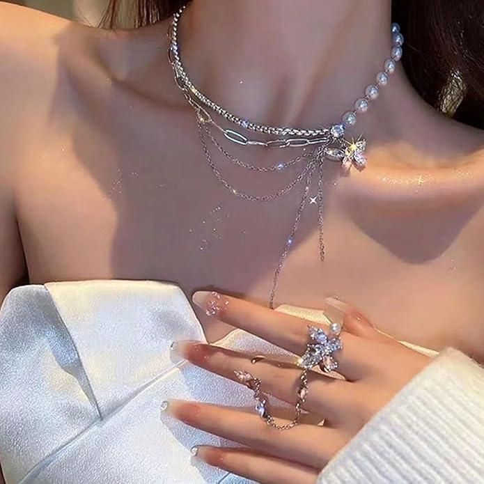 ARYAMI™ Elegant Pearl & Butterfly Layered Necklace for Women – Premium Silver Finish