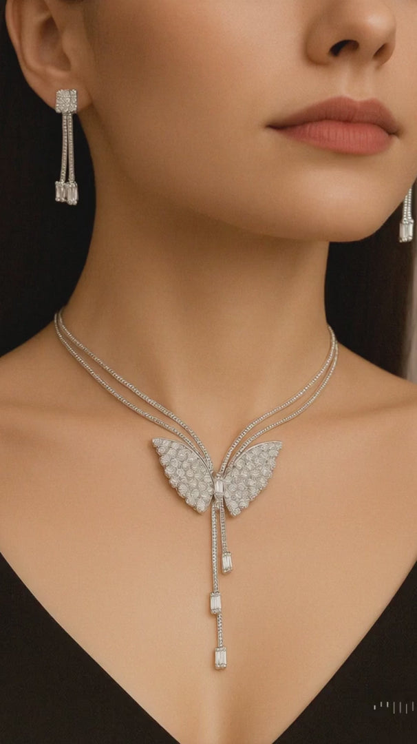 ARYAMI™ Elegant Butterfly Crystal Necklace Set for Women – Premium Silver Finish